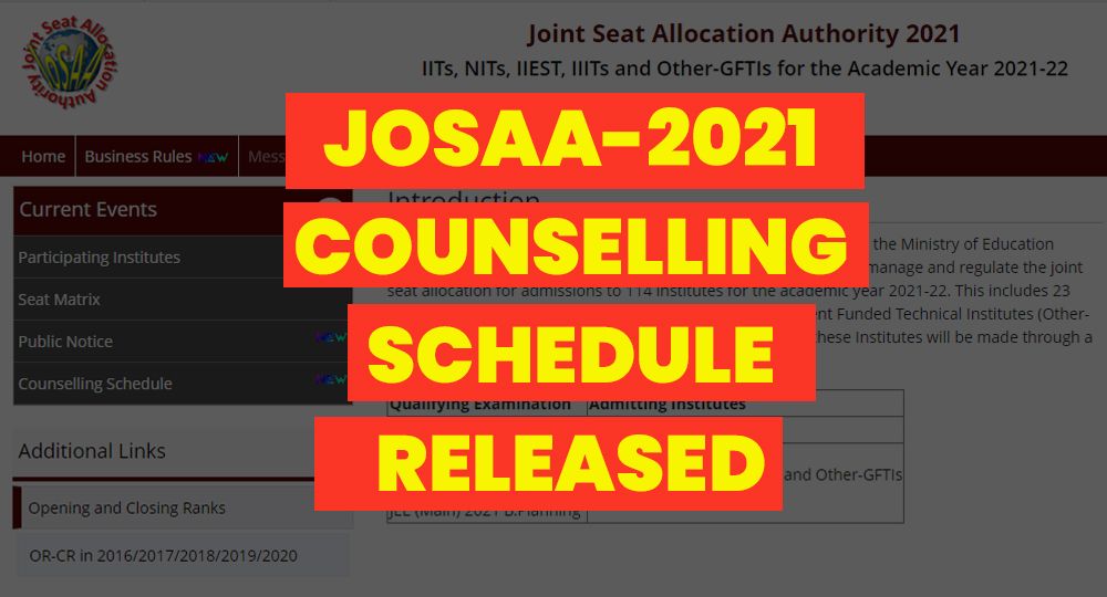 JoSAA-2021 Counselling Schedule Released